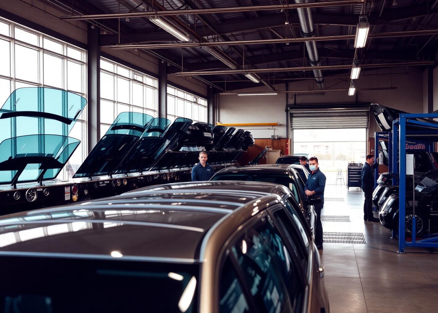 Mr Windscreen Replacement technicians working in the glass workshop
